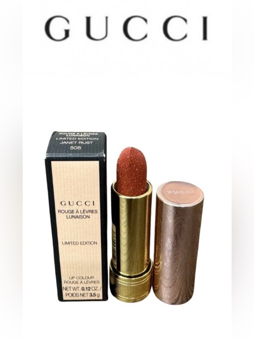Gucci Lipstick in Shimmery Brown-Red with Gold Case